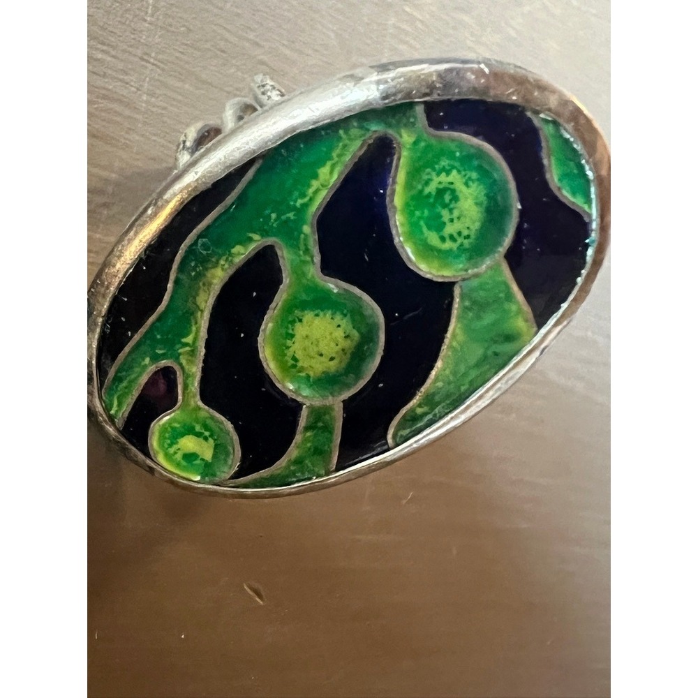 Enamel Statement Ring Size 7 Sterling Silver 925 Green Artisan AbstractVintage